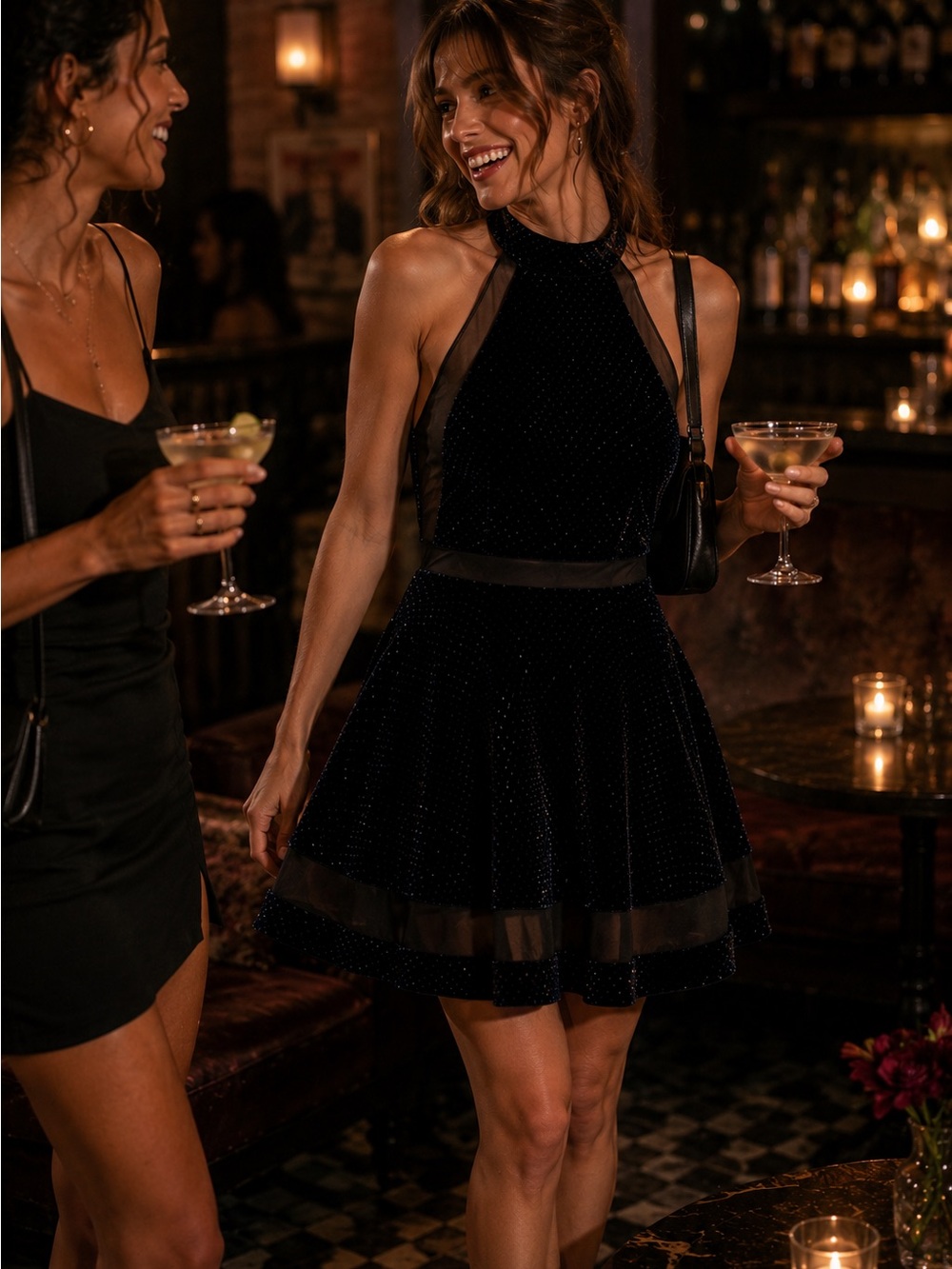 Velvet Halter Party Dress - Black